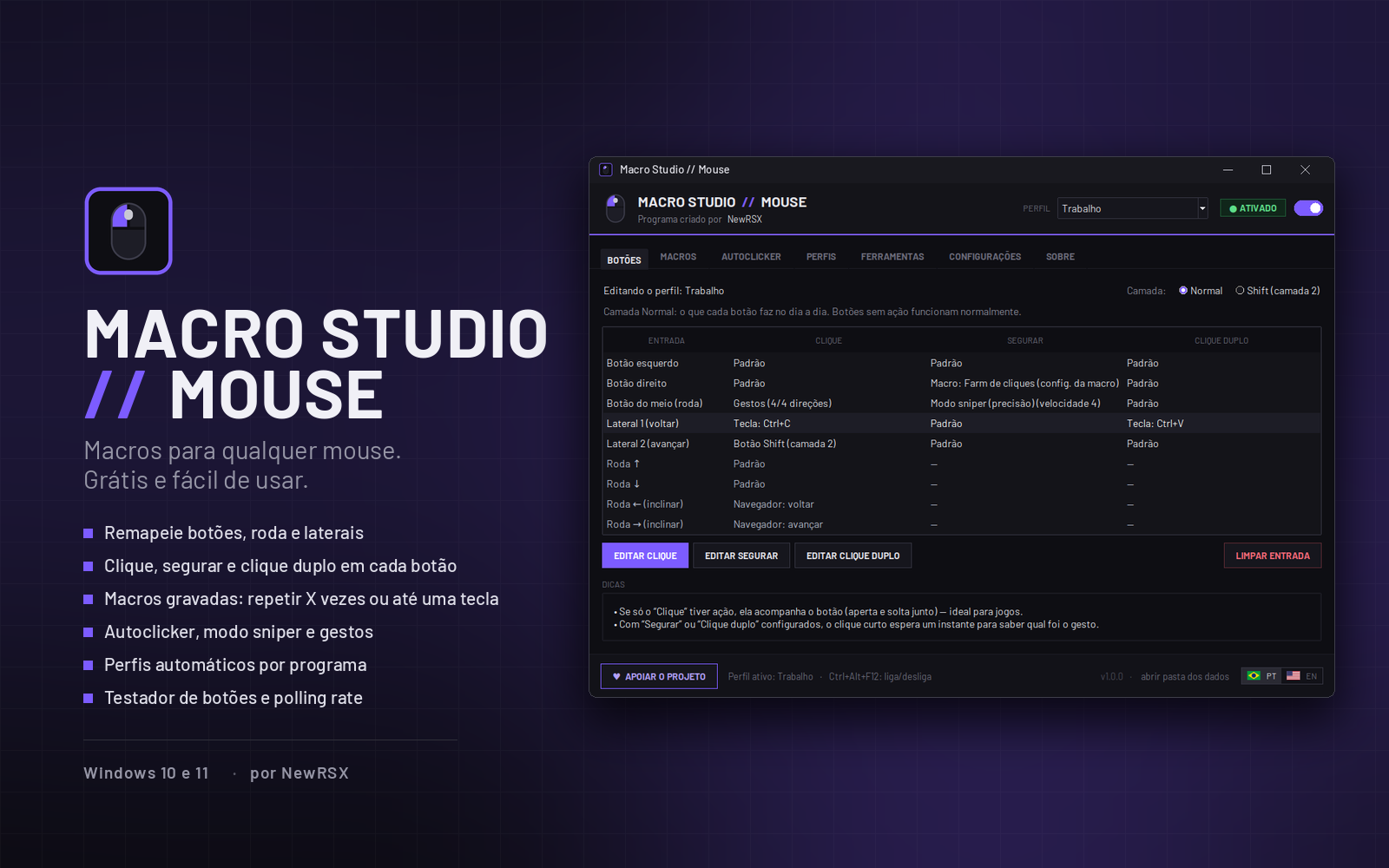 Macro Studio Mouse, programa de macro para mouse: tabela de botões com ações de clique, segurar e clique duplo